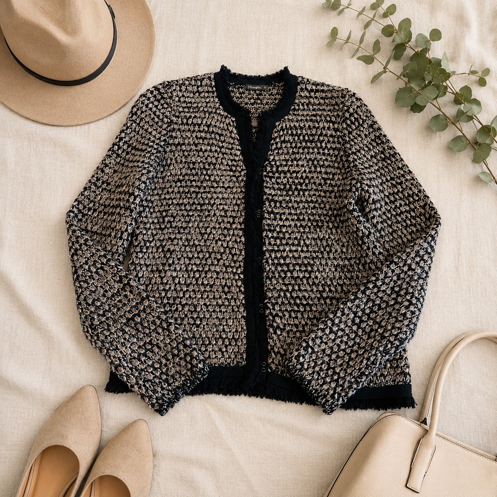 J.McLaughlin Cardigan Jacket Women Med Black Gold Metallic Fringe Tweed Preppy